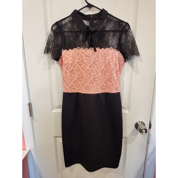 Women's New York and Co. Short Sleeve Eyelash Lace Dress Black Pink Small - Picture 1 of 8